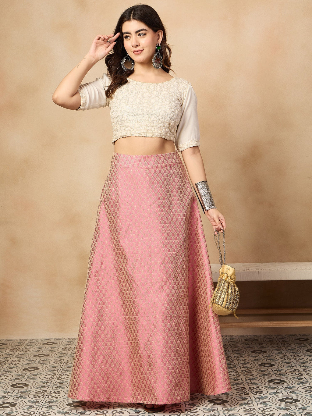 InWeave Light Pink Brocade Side Slit Skirt | Grocsy