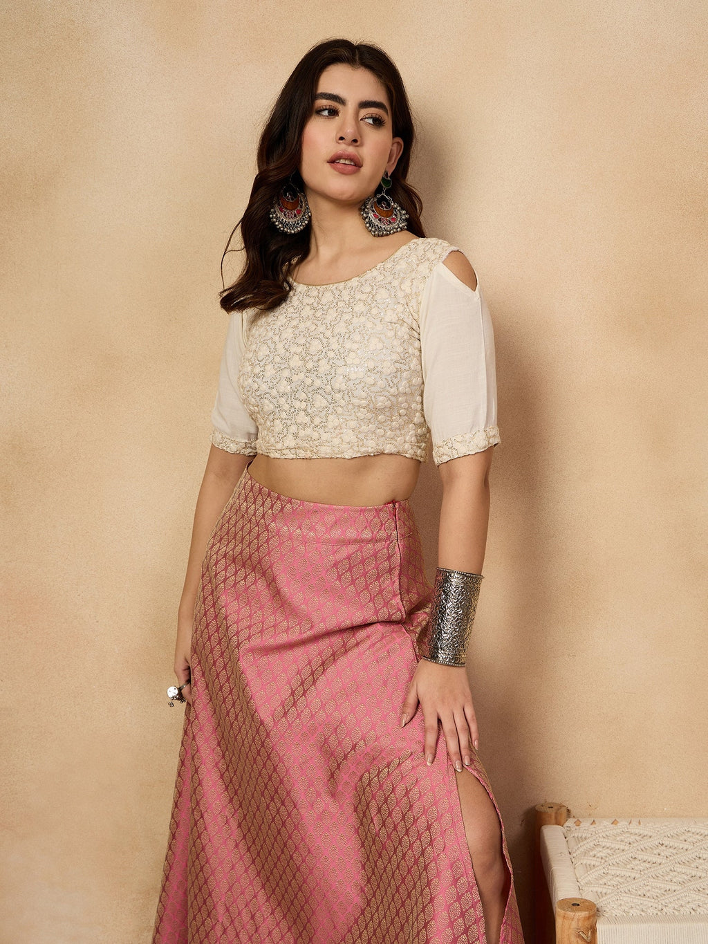 InWeave Light Pink Brocade Side Slit Skirt | Grocsy