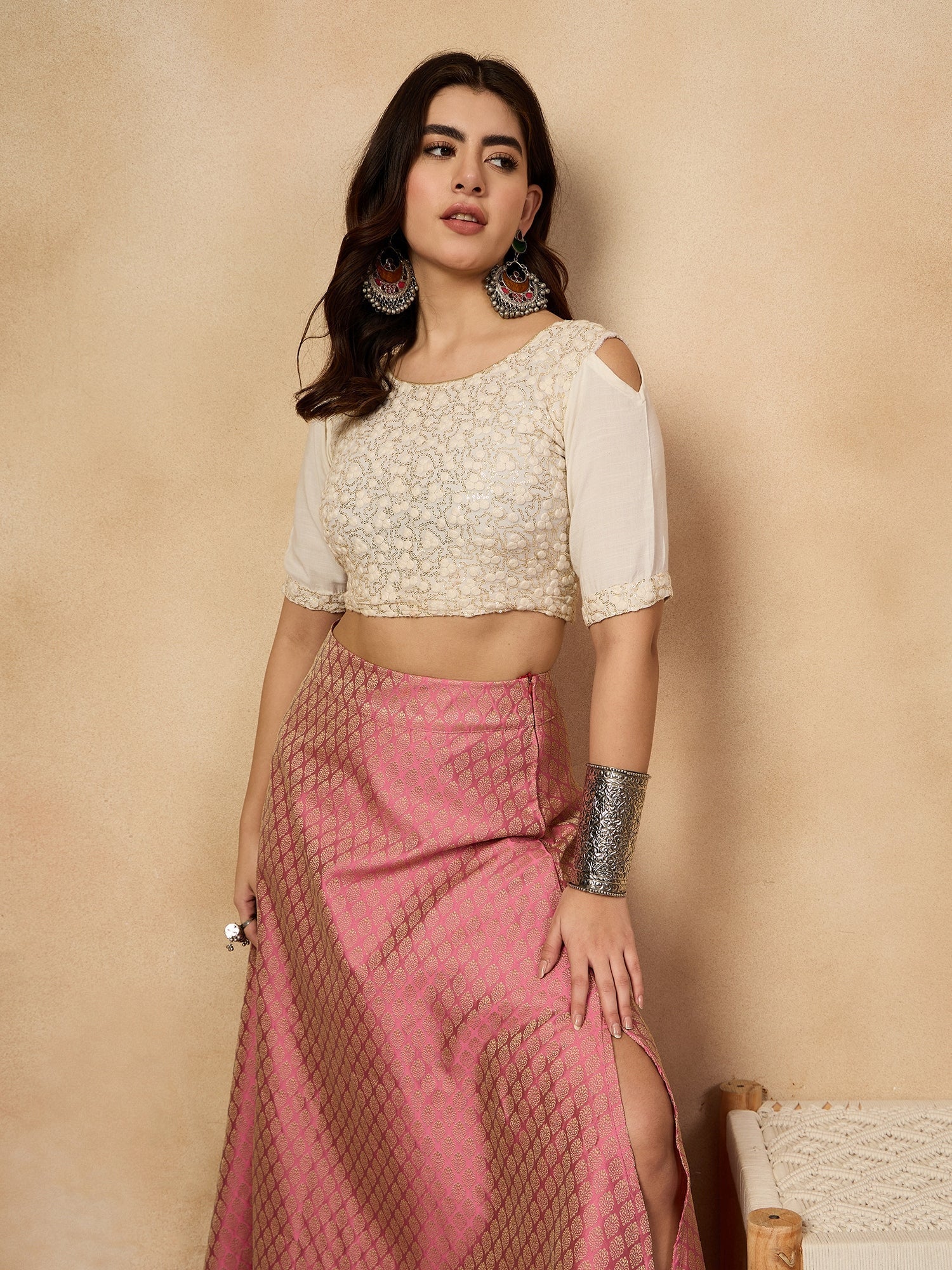 InWeave Light Pink Brocade Side Slit Skirt | Grocsy
