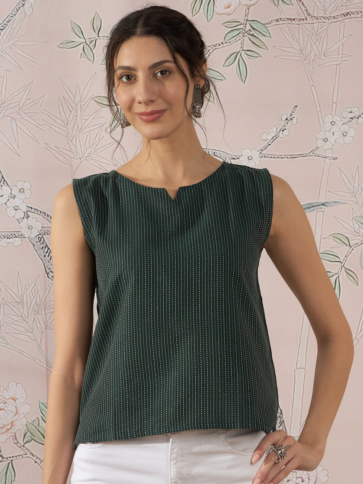 InWeave Dark Green Sleeveless Kantha Top | Grocsy