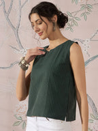 InWeave Dark Green Sleeveless Kantha Top | Grocsy