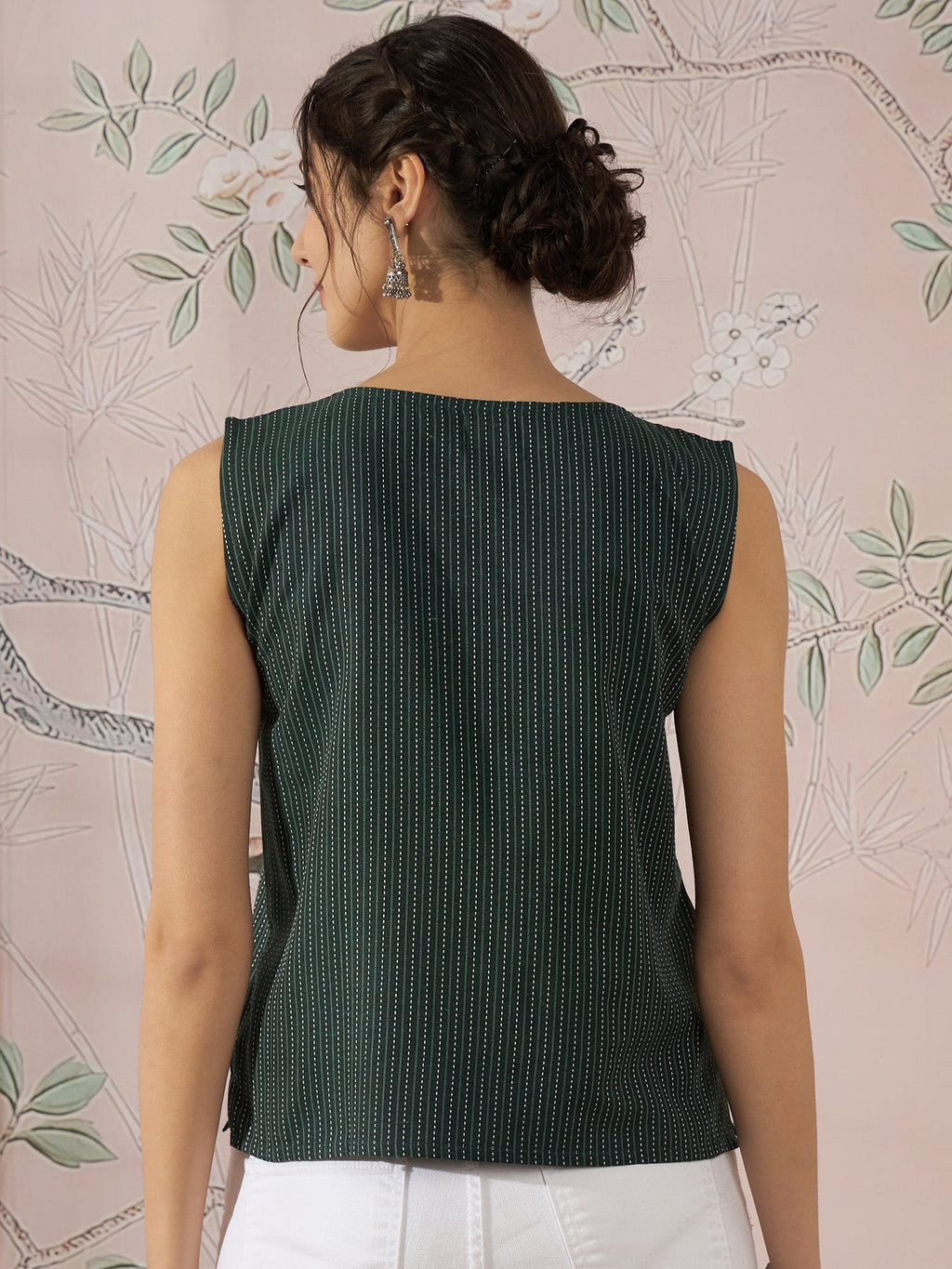 InWeave Dark Green Sleeveless Kantha Top | Grocsy