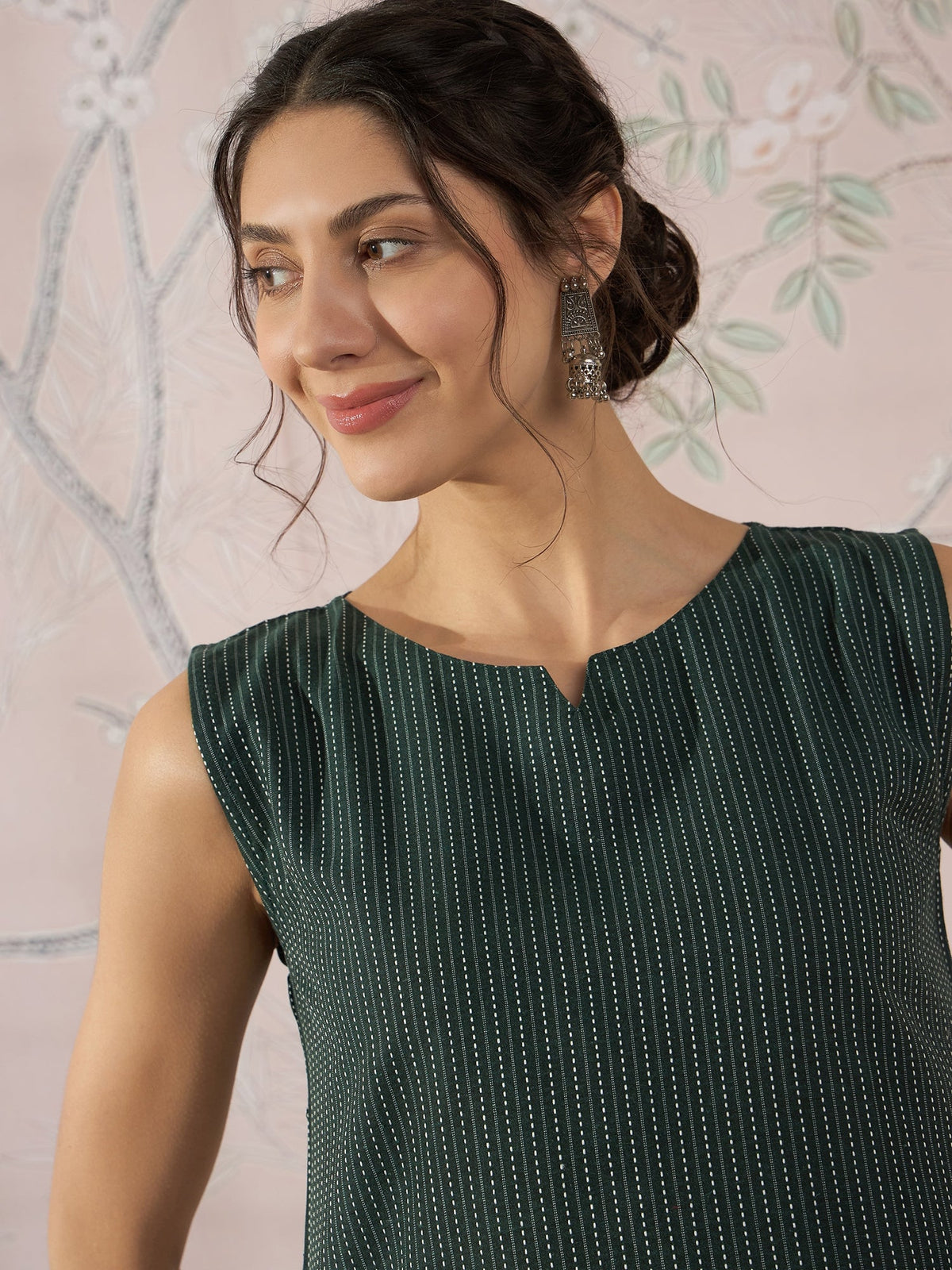 InWeave Dark Green Sleeveless Kantha Top | Grocsy