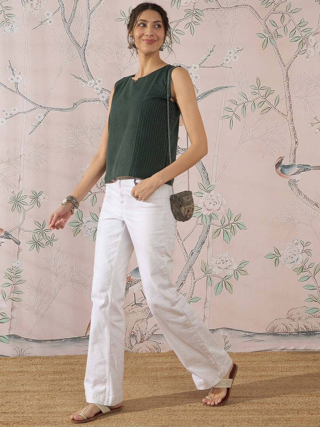 InWeave Dark Green Sleeveless Kantha Top | Grocsy