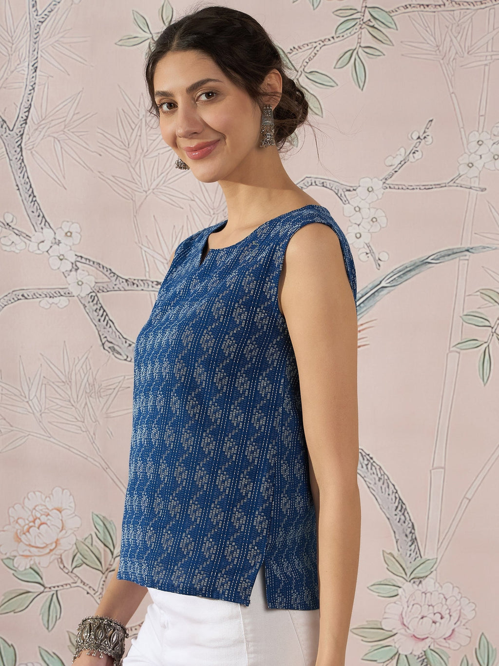 InWeave Blue Ikkat Kantha W/S Top | Grocsy