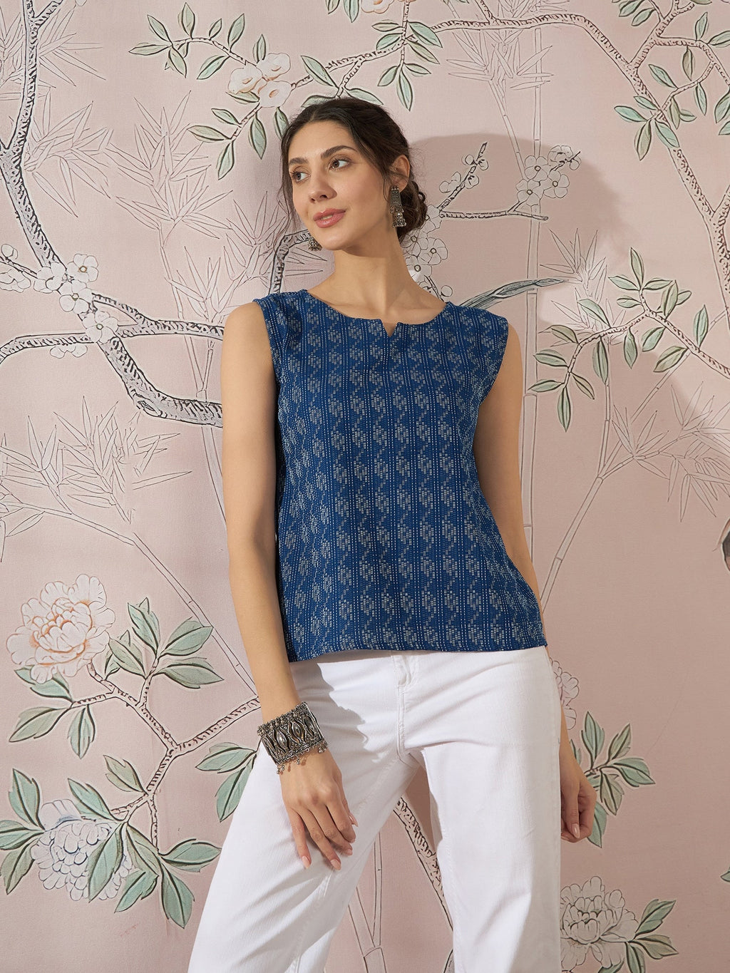 InWeave Blue Ikkat Kantha W/S Top | Grocsy