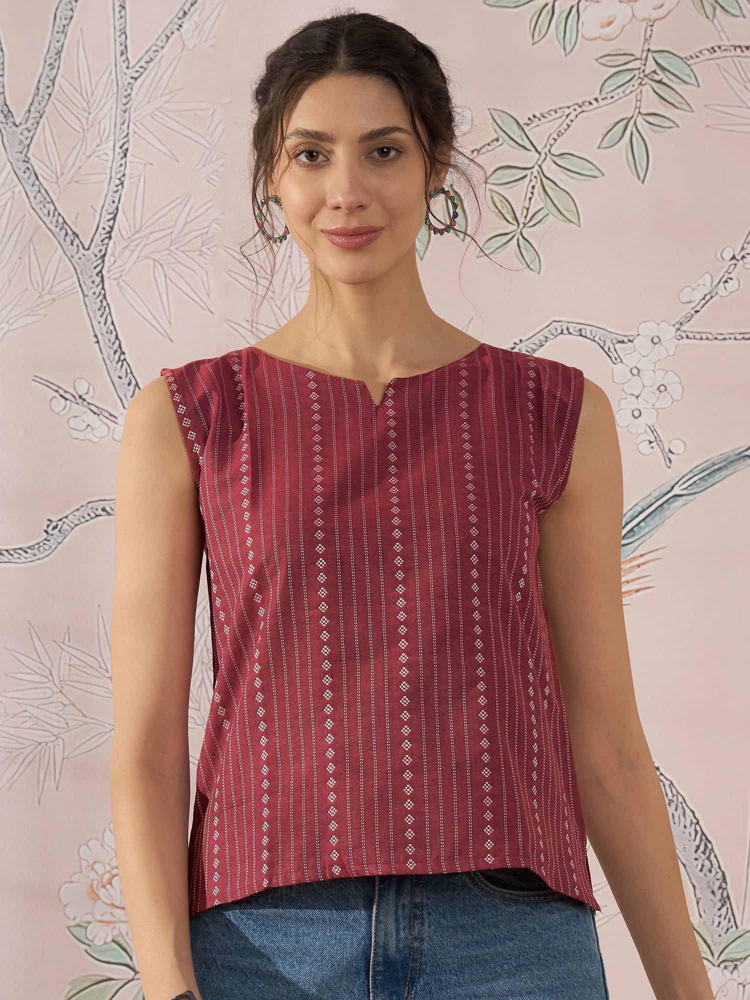 InWeave Maroon Striped Kantha W/S Top | Grocsy