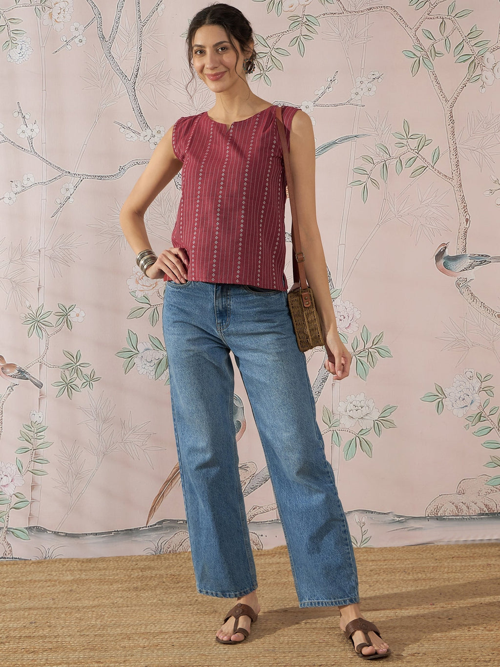 InWeave Maroon Striped Kantha W/S Top | Grocsy