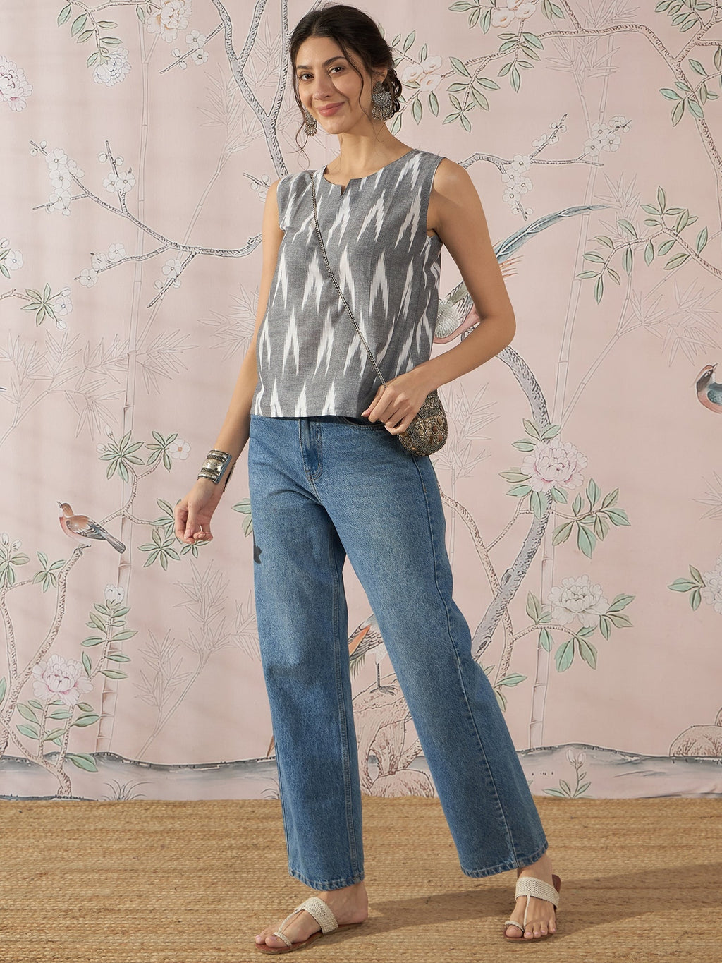InWeave Grey Ikkat Kantha W/S Top | Grocsy