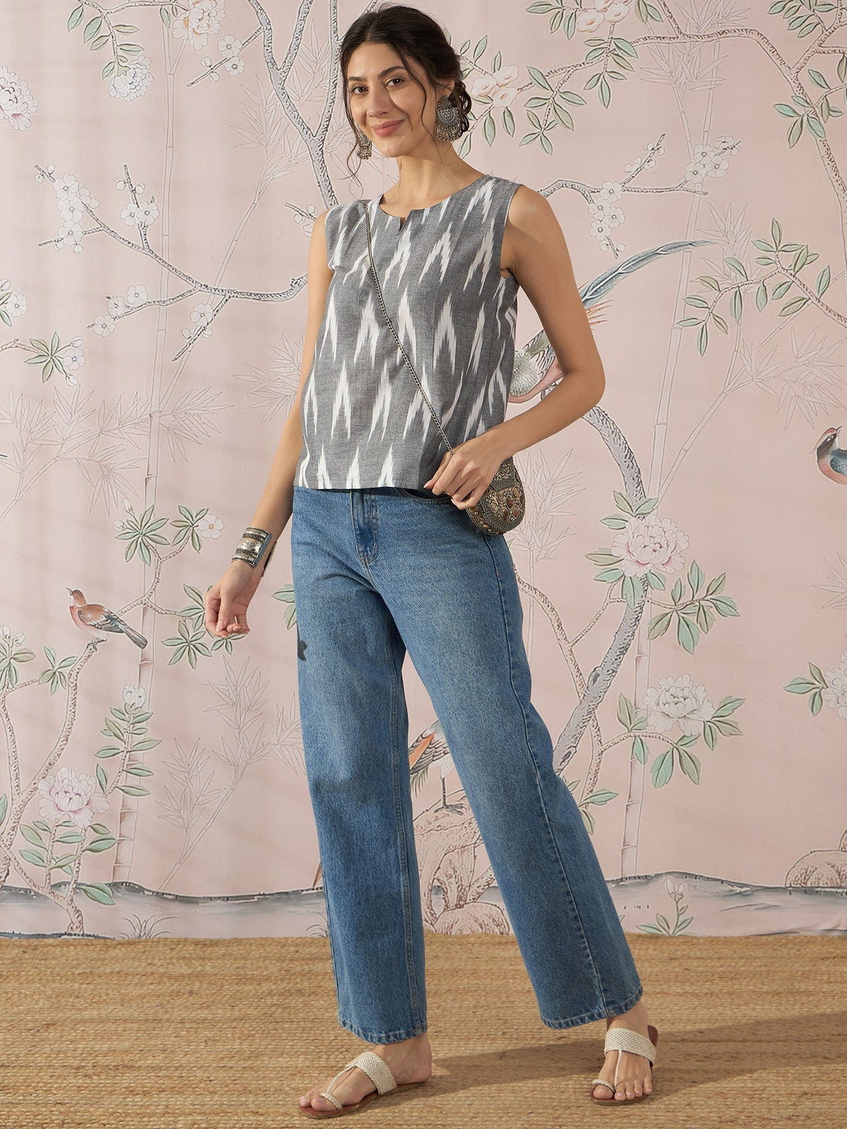 InWeave Grey Ikkat Kantha W/S Top | Grocsy
