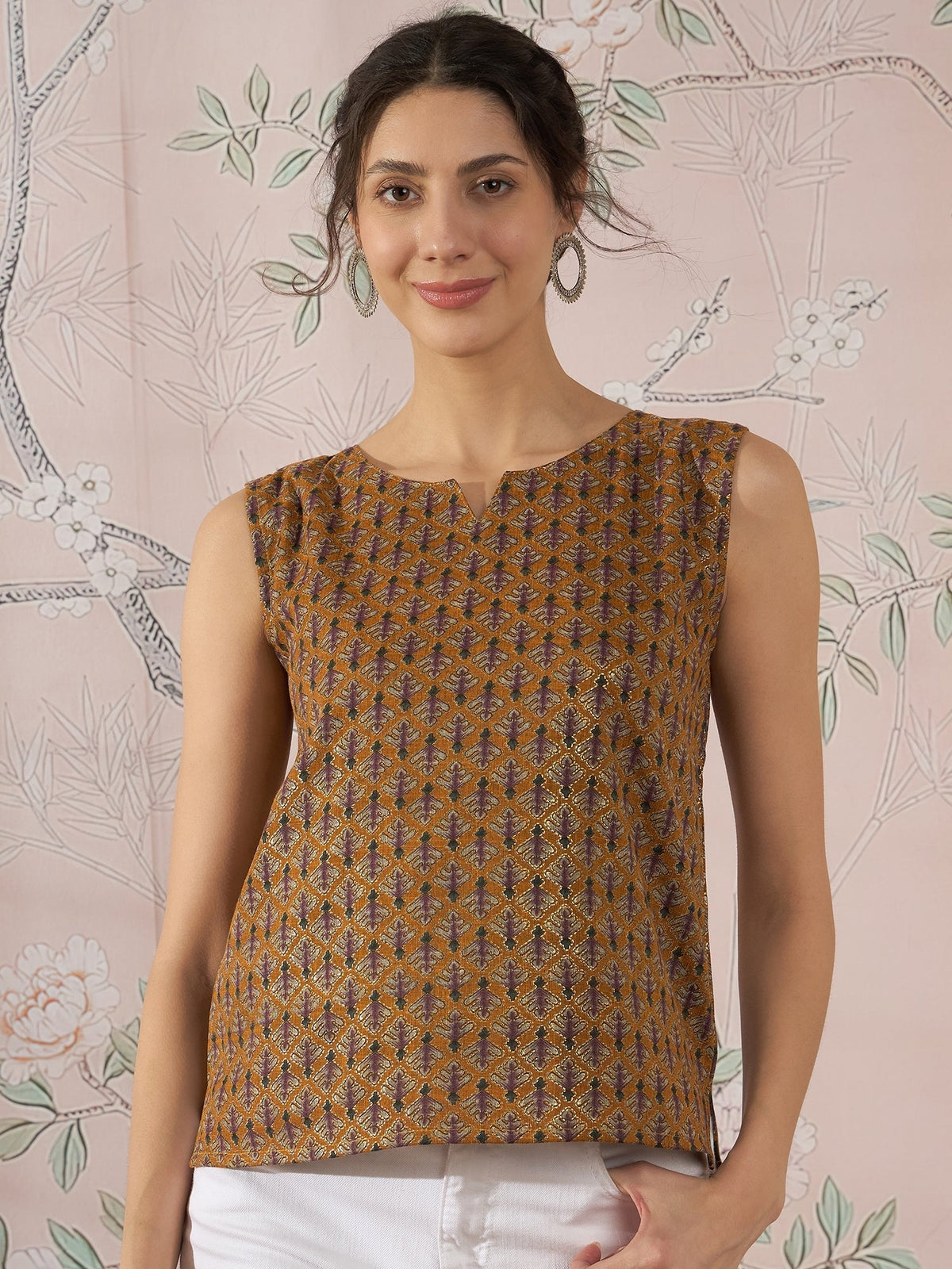 InWeave Mustard Foil Print W/S Top | Grocsy