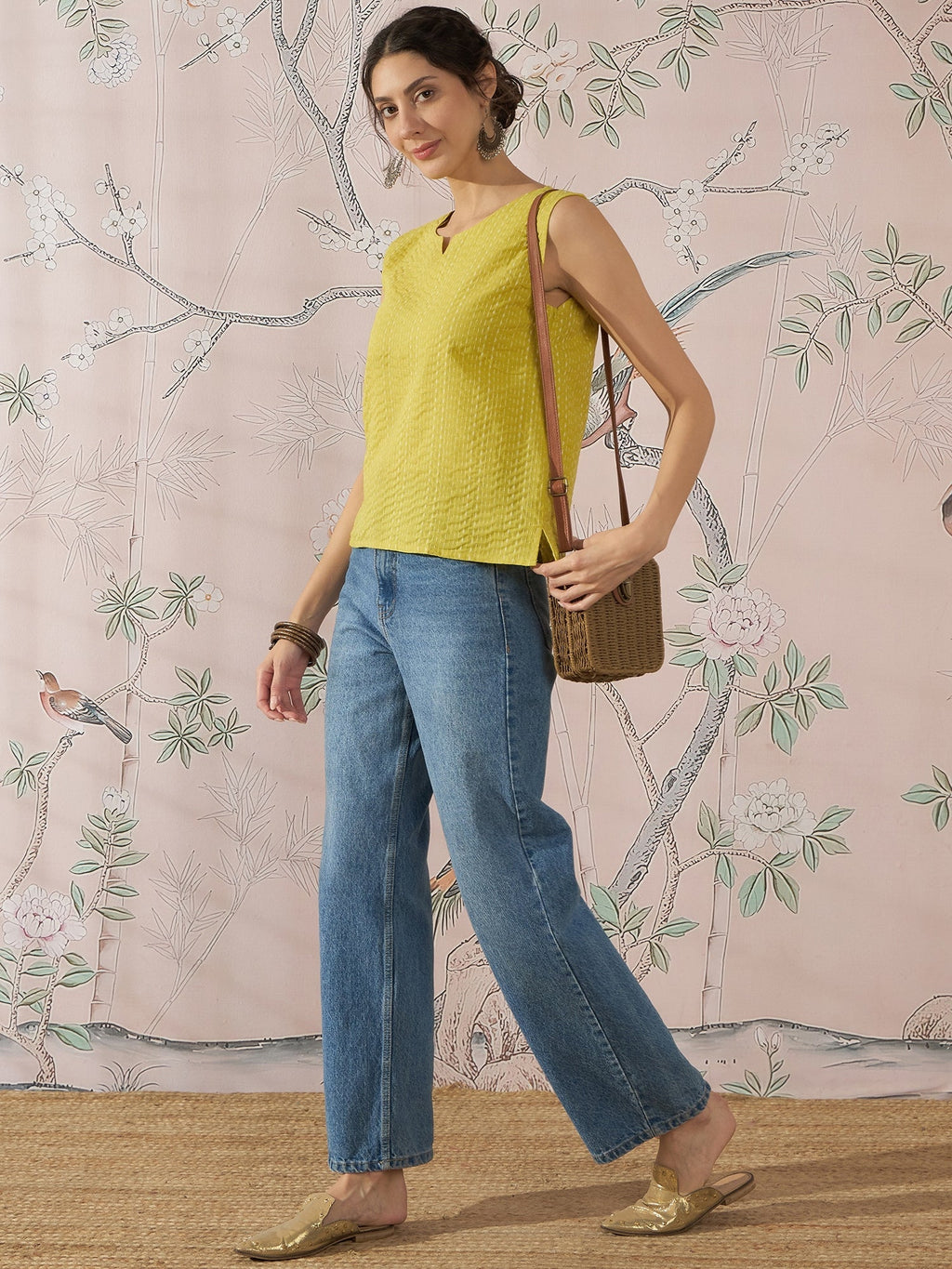 InWeave Light Yellow Kantha W/S Top | Grocsy