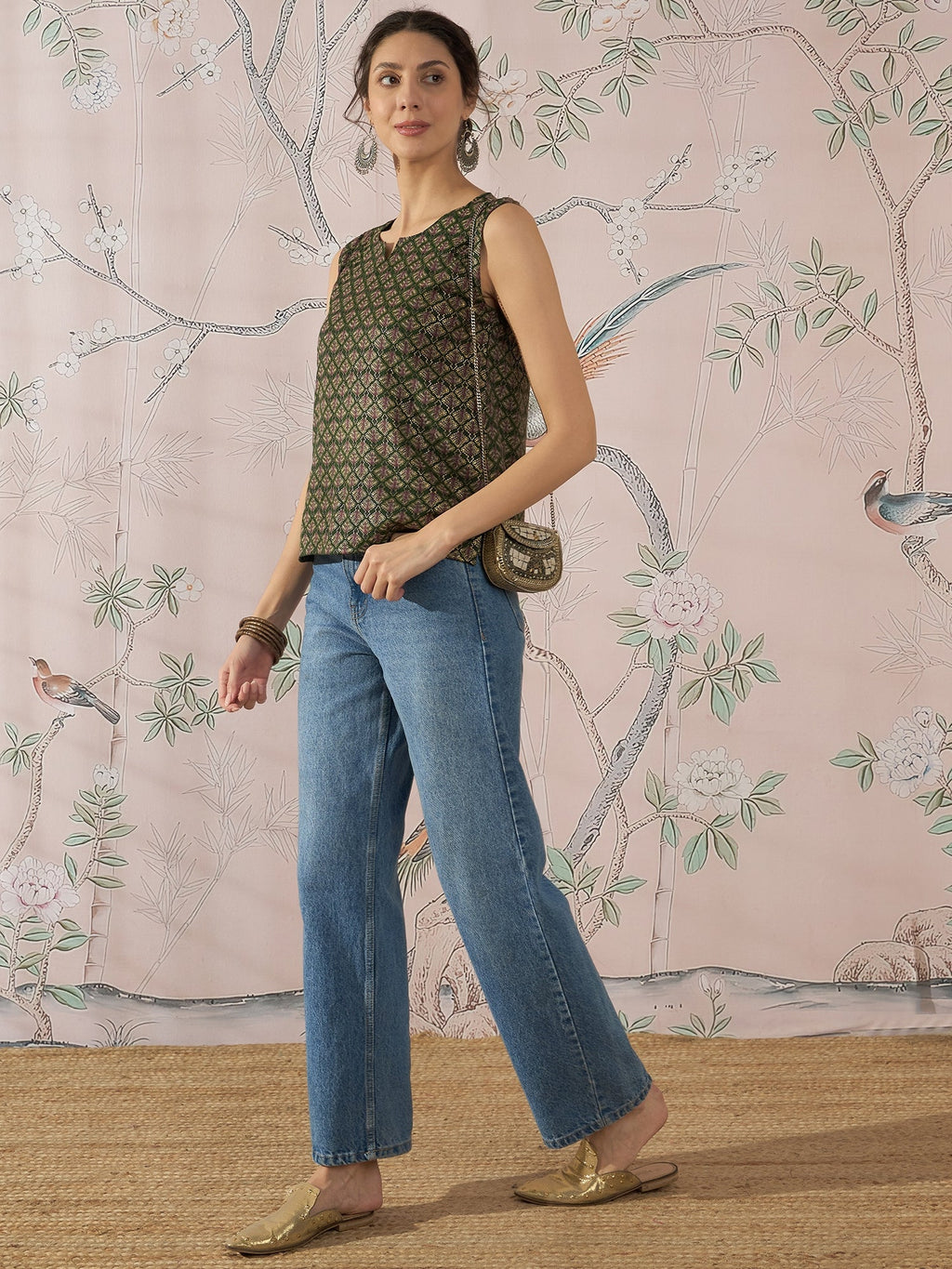 InWeave Green Foil Print W/S Top | Grocsy