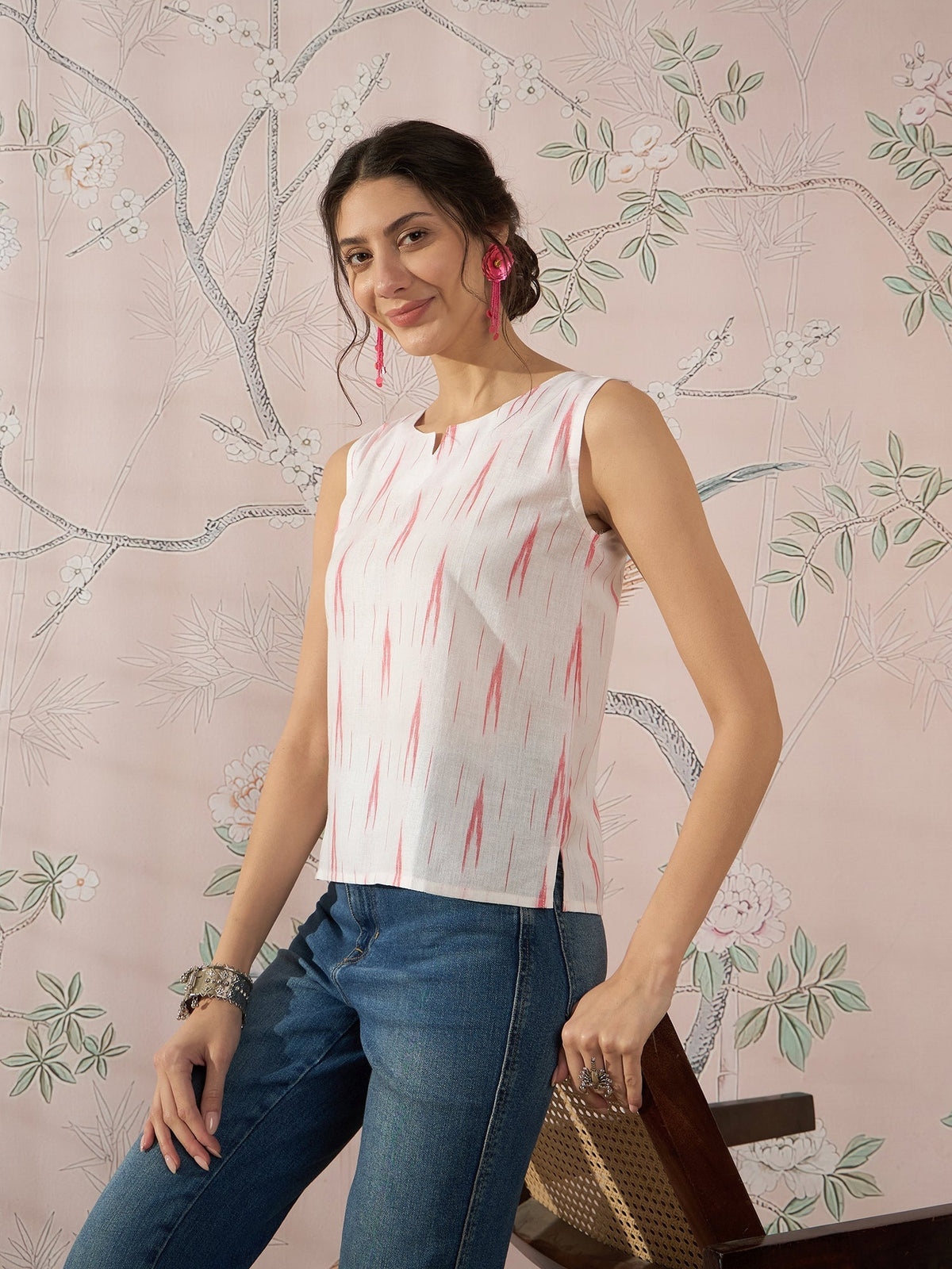InWeave White Red Ikkat W/S Top | Grocsy