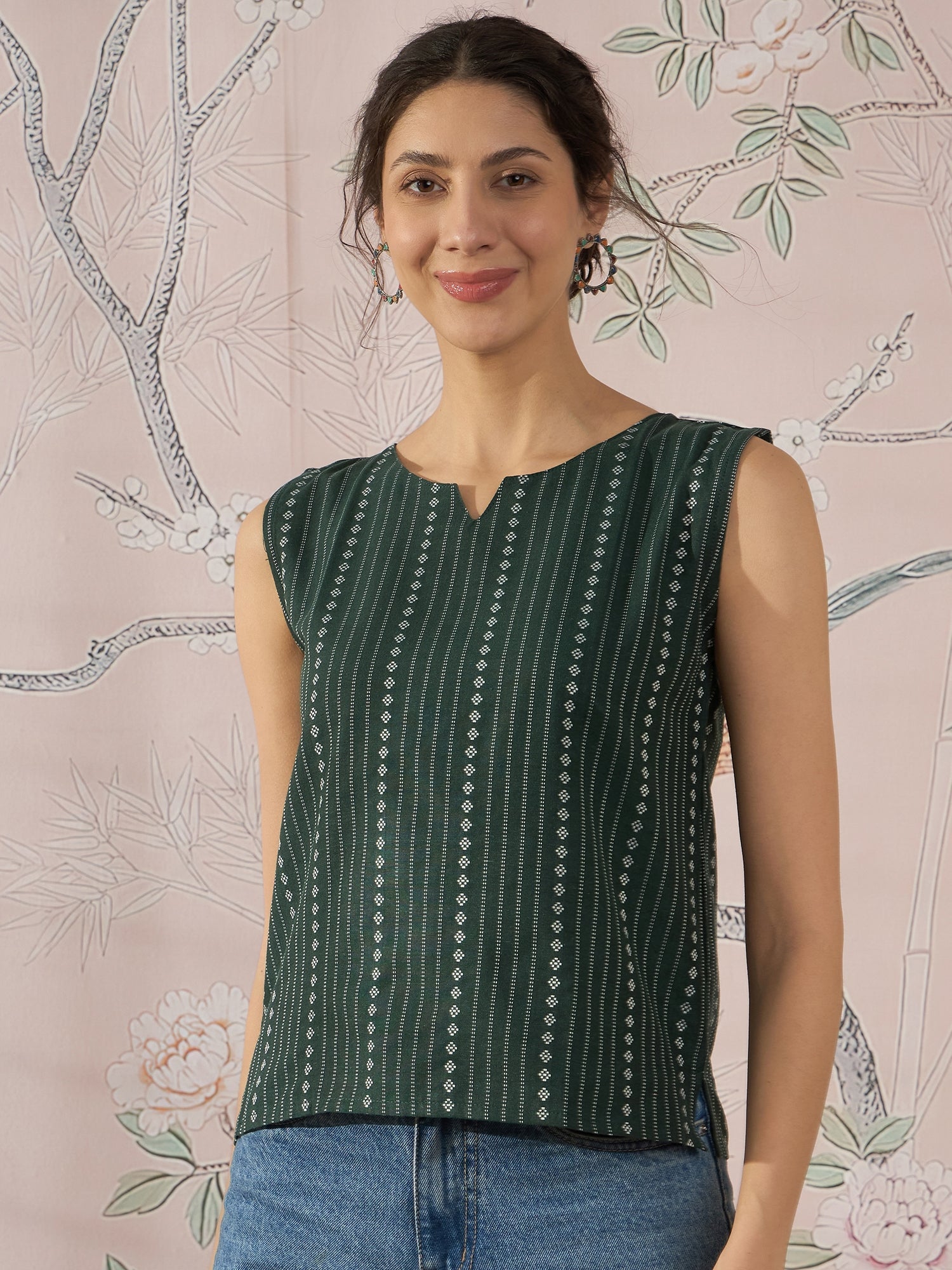InWeave Green Striped Kantha W/S Top | Grocsy