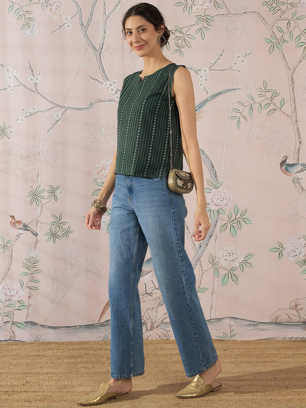 InWeave Green Striped Kantha W/S Top | Grocsy