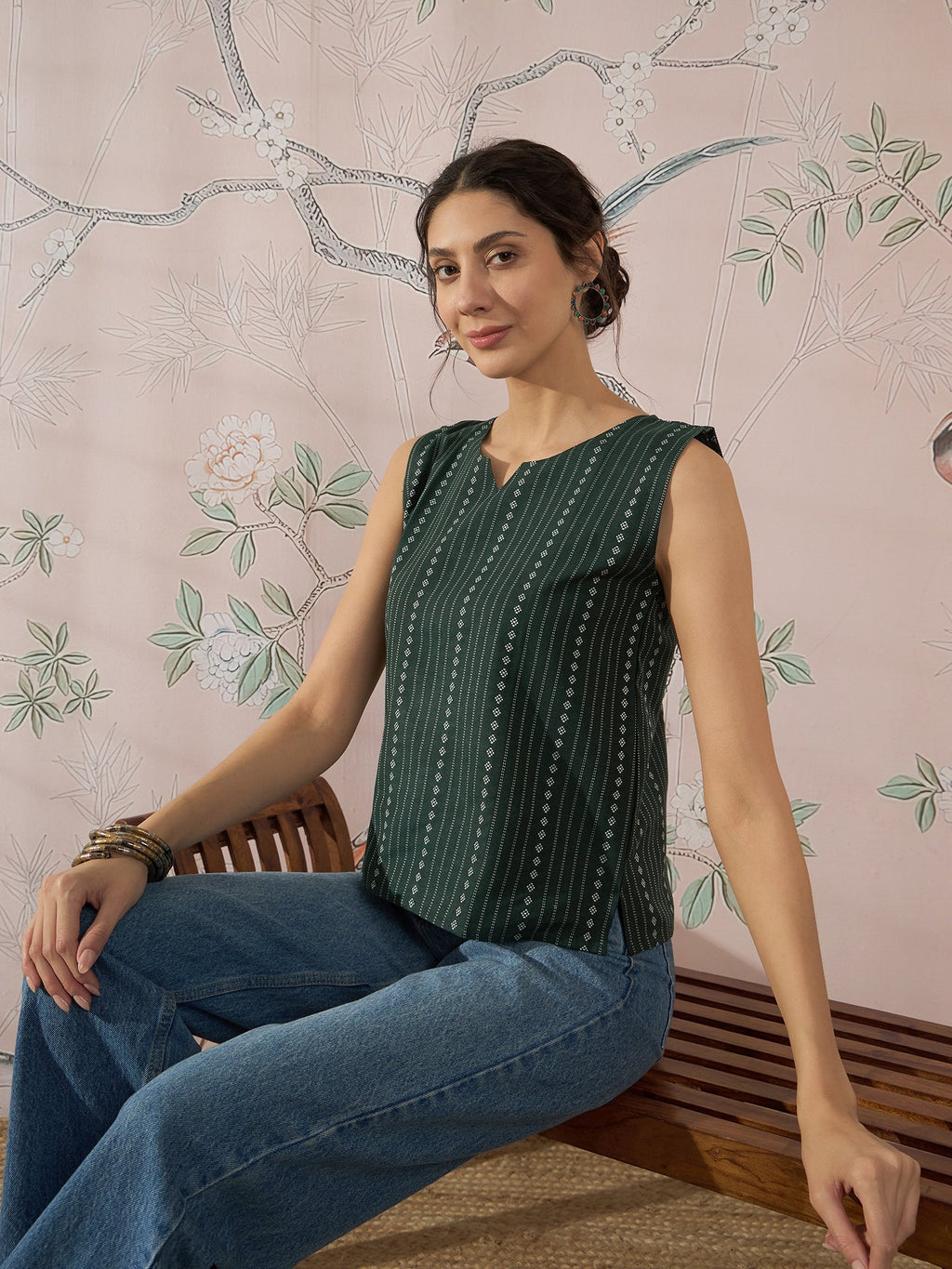 InWeave Green Striped Kantha W/S Top | Grocsy