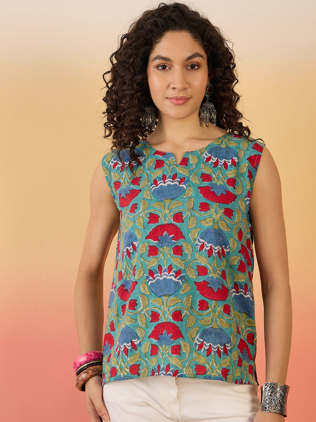 InWeave Teal Red Floral Block Print W/S Top | Grocsy