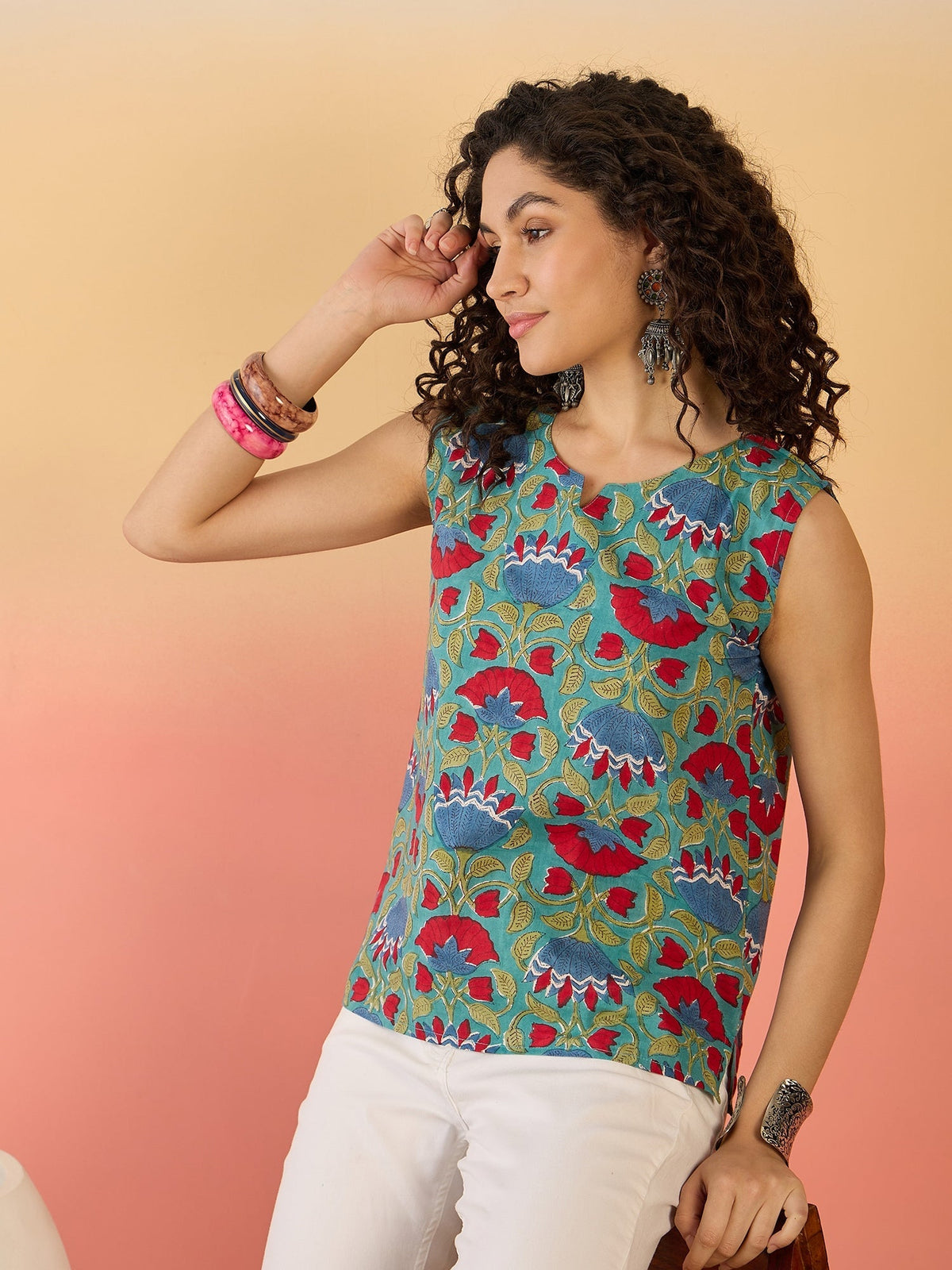 InWeave Teal Red Floral Block Print W/S Top | Grocsy