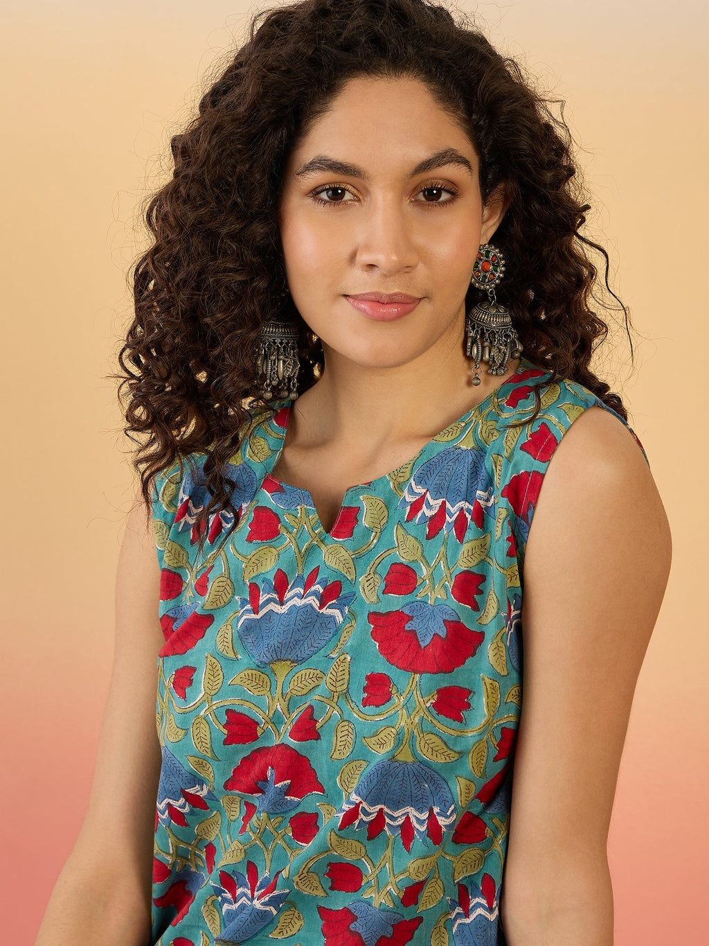 InWeave Teal Red Floral Block Print W/S Top | Grocsy