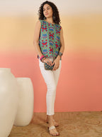 InWeave Teal Red Floral Block Print W/S Top | Grocsy