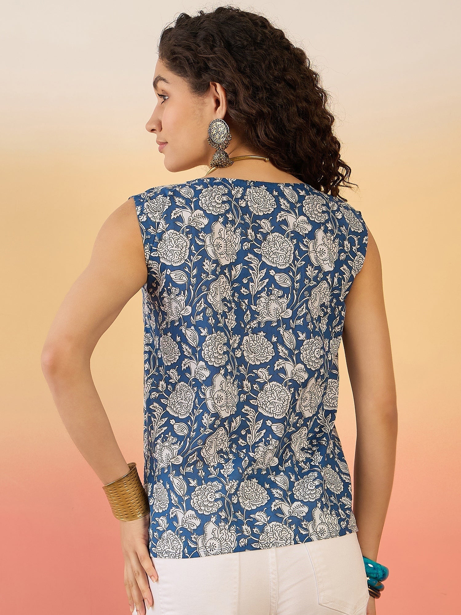 InWeave Blue White Block Print W/S Top | Grocsy