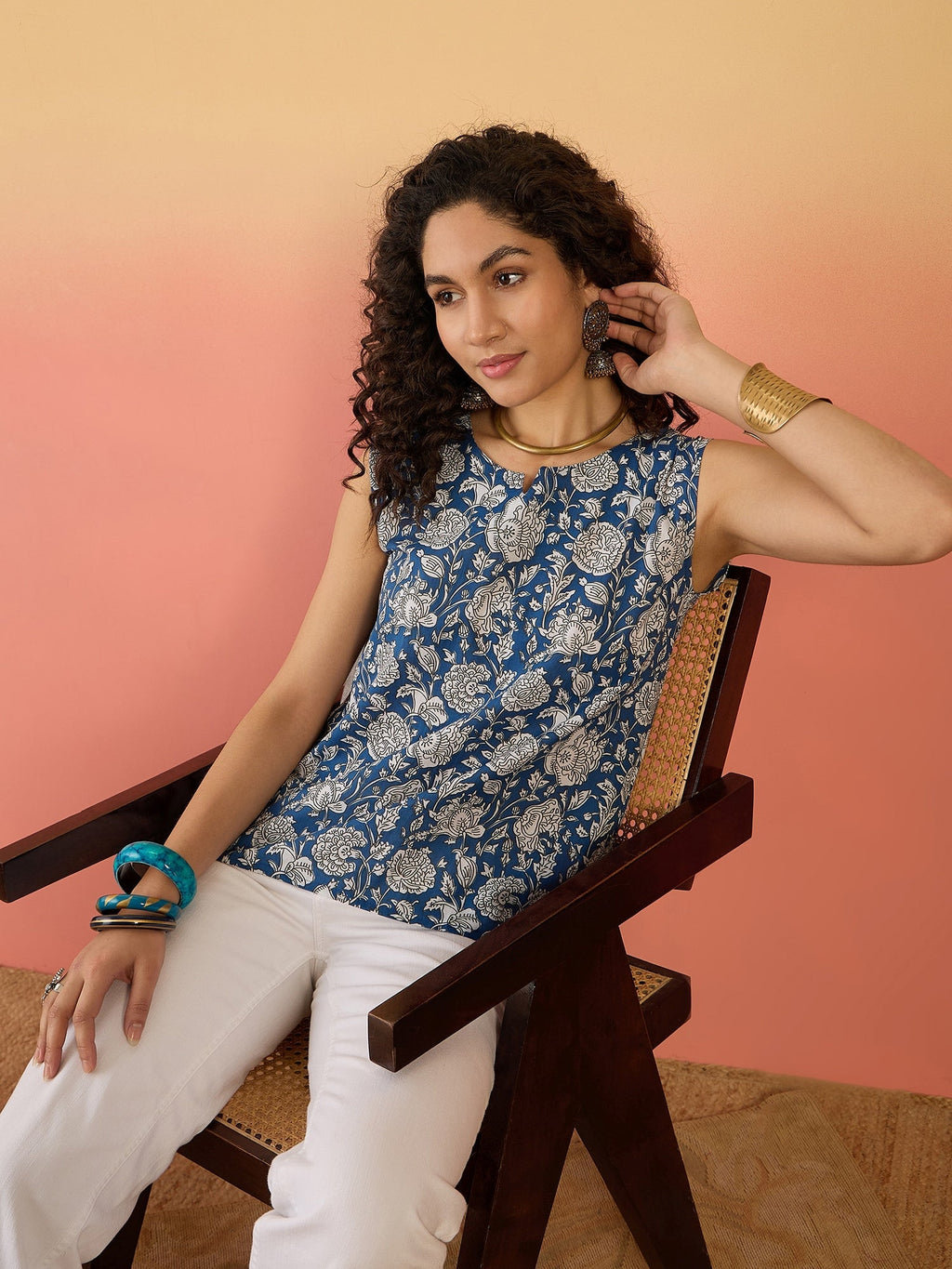 InWeave Blue White Block Print W/S Top | Grocsy