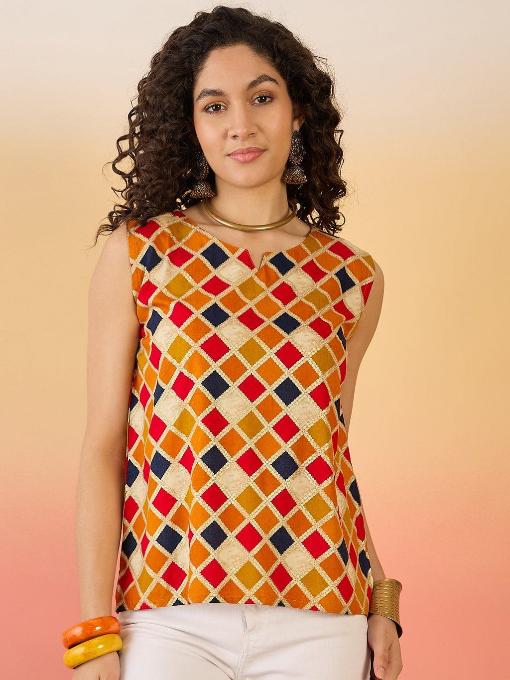 InWeave Mustard Multi Check Foil W/S Top | Grocsy