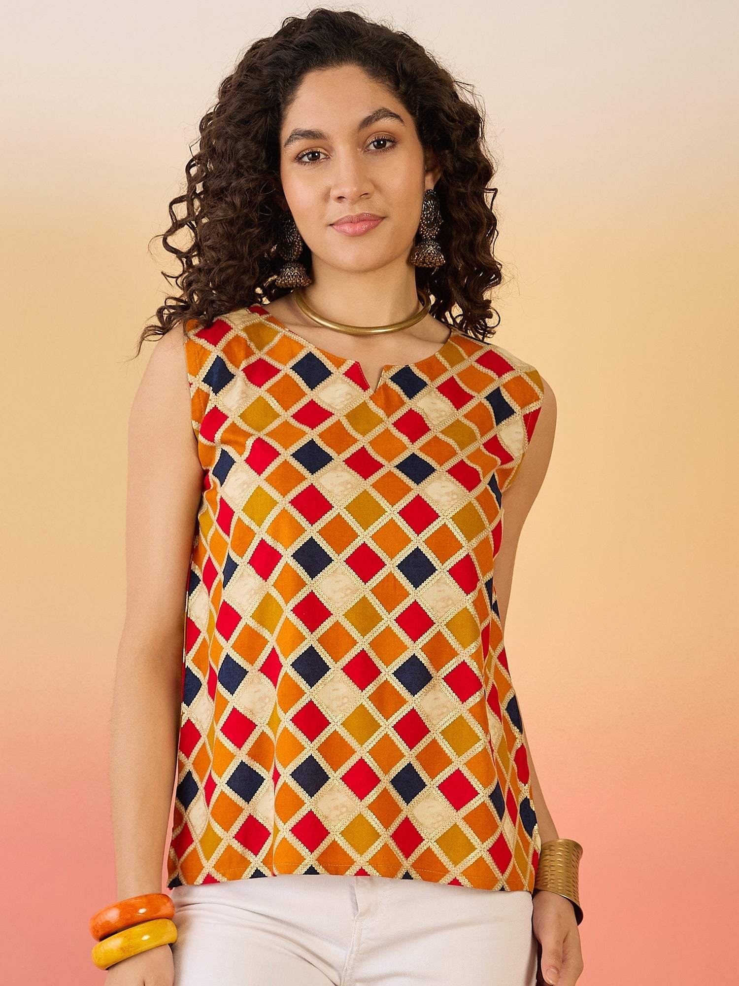 InWeave Mustard Multi Check Foil W/S Top | Grocsy