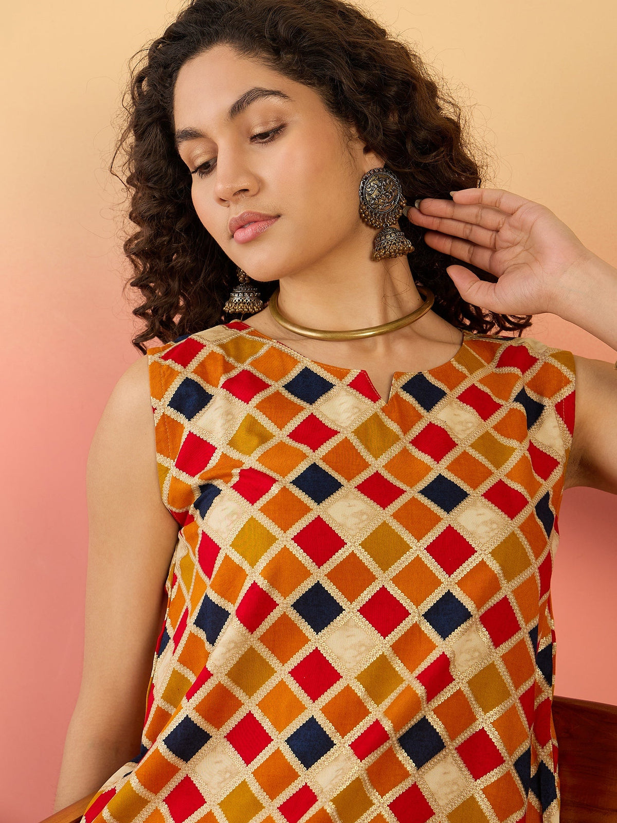 InWeave Mustard Multi Check Foil W/S Top | Grocsy