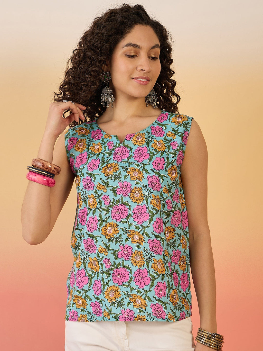 InWeave Sky Blue Pink Rose Jaal W/S Top | Grocsy