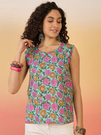 InWeave Sky Blue Pink Rose Jaal W/S Top | Grocsy