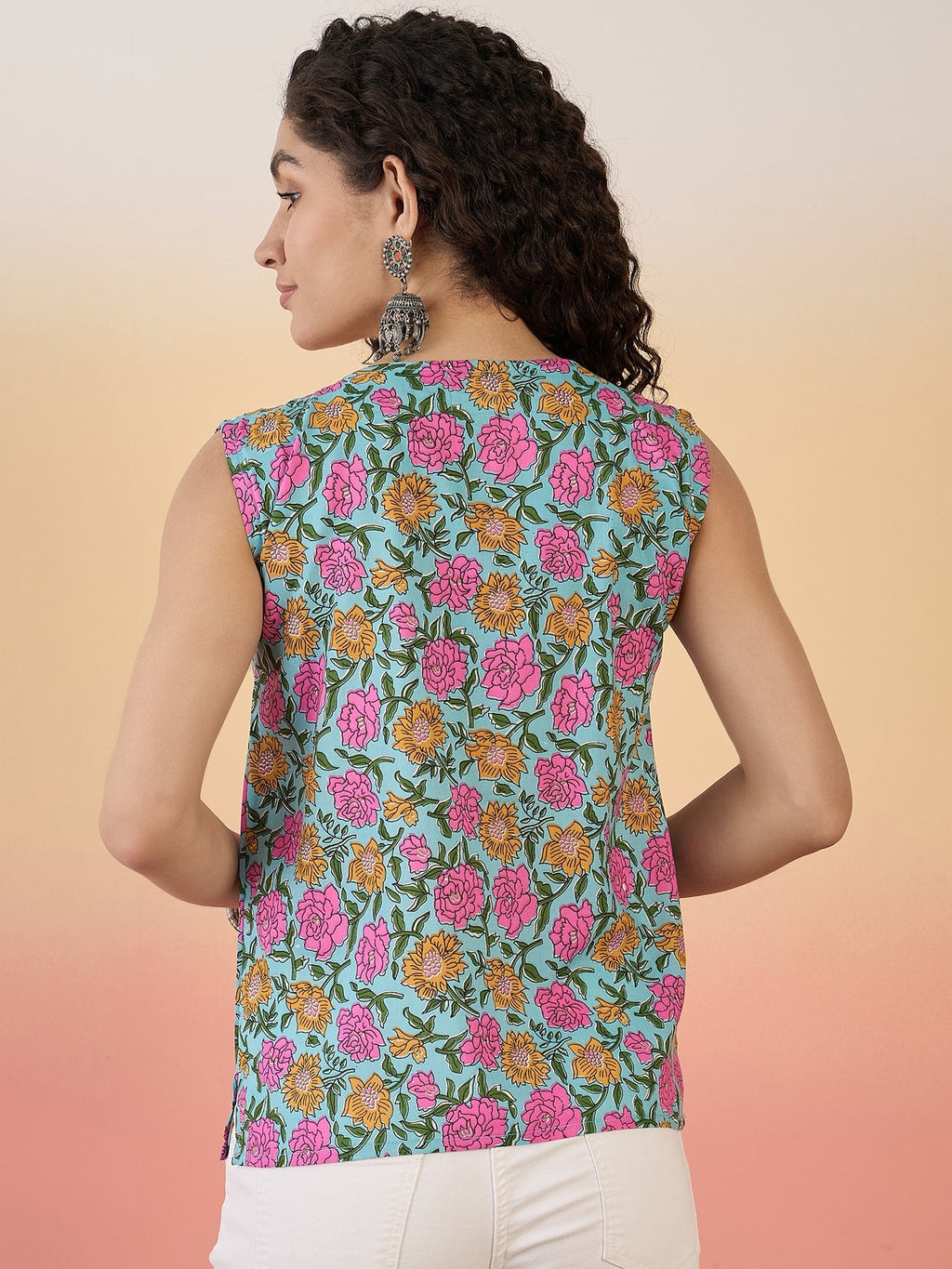 InWeave Sky Blue Pink Rose Jaal W/S Top | Grocsy