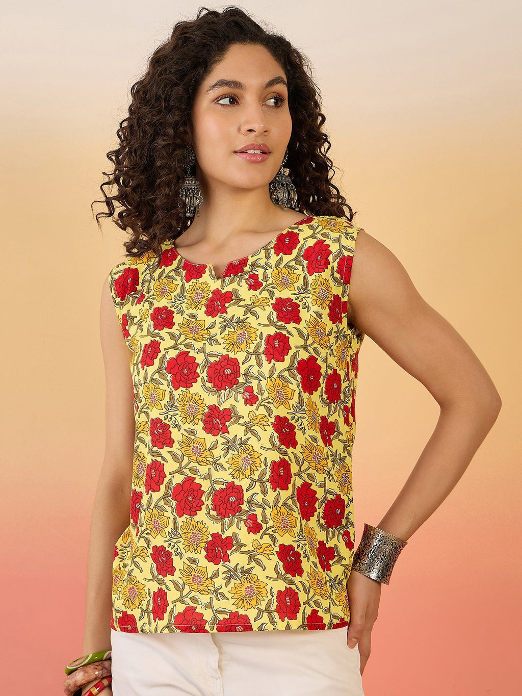 InWeave Butter Yellow Red Rose Jaal W/S Top | Grocsy