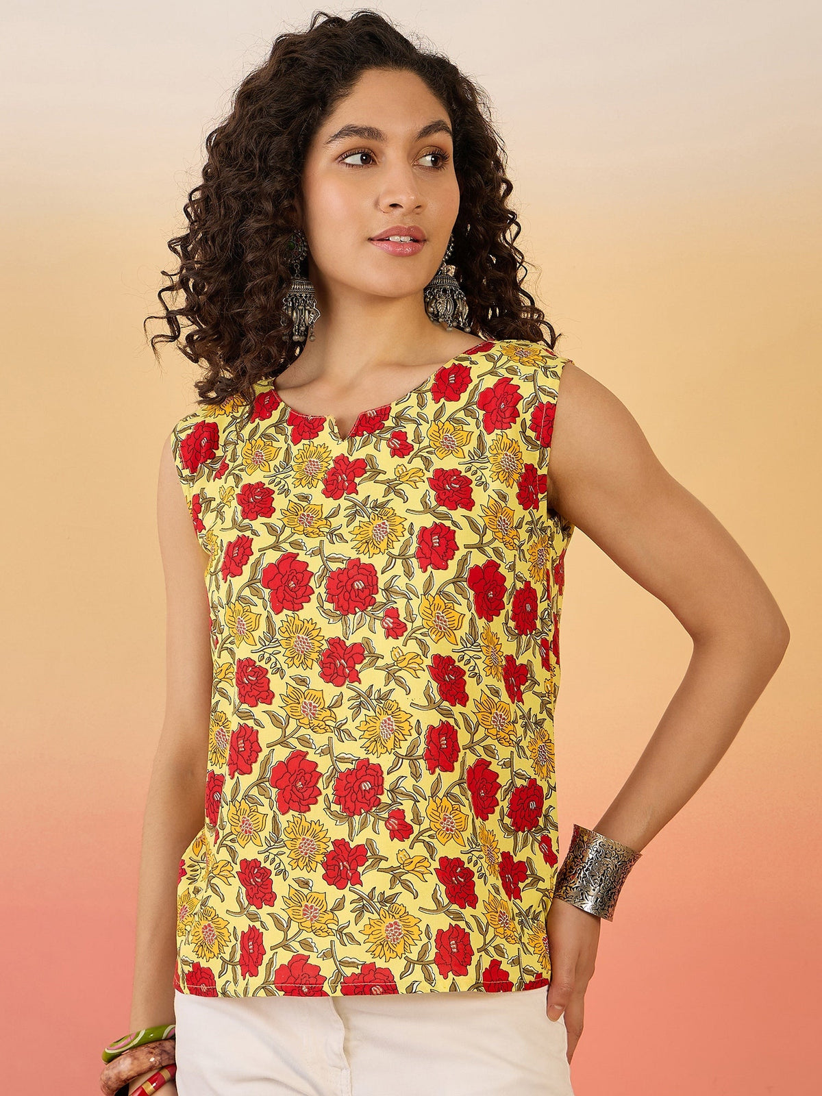 InWeave Butter Yellow Red Rose Jaal W/S Top | Grocsy