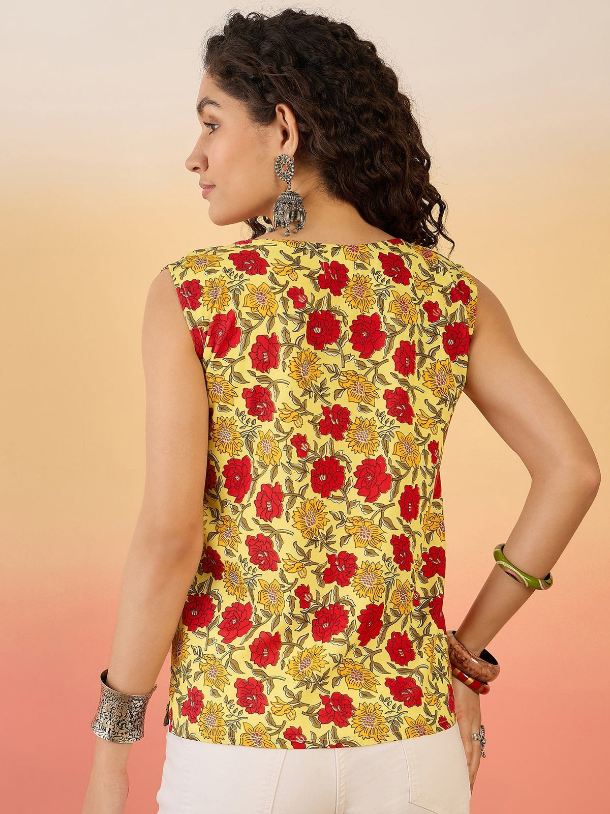 InWeave Butter Yellow Red Rose Jaal W/S Top | Grocsy