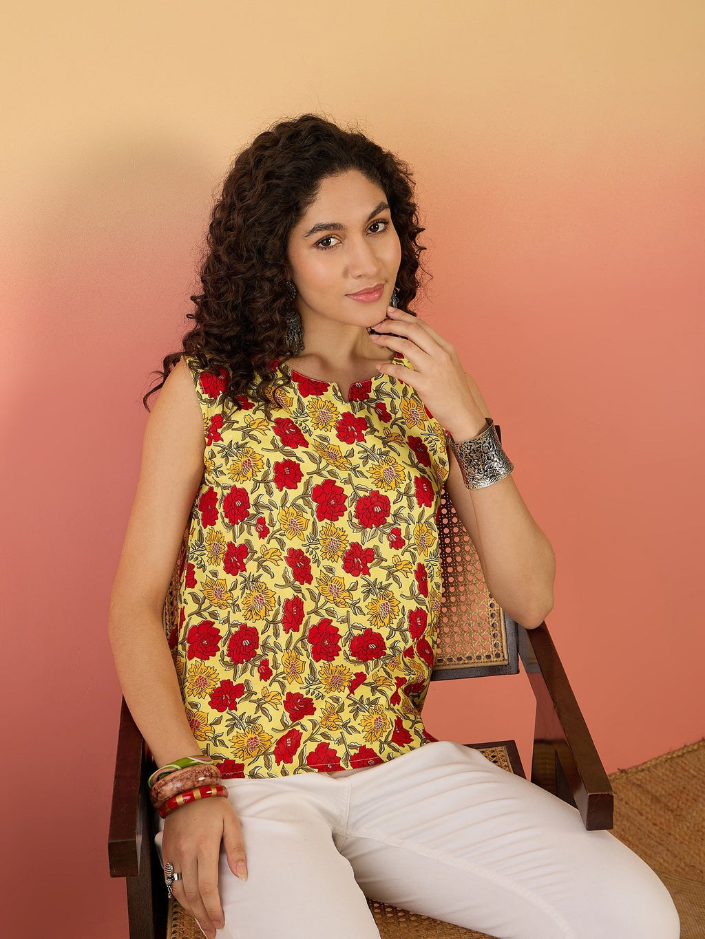 InWeave Butter Yellow Red Rose Jaal W/S Top | Grocsy