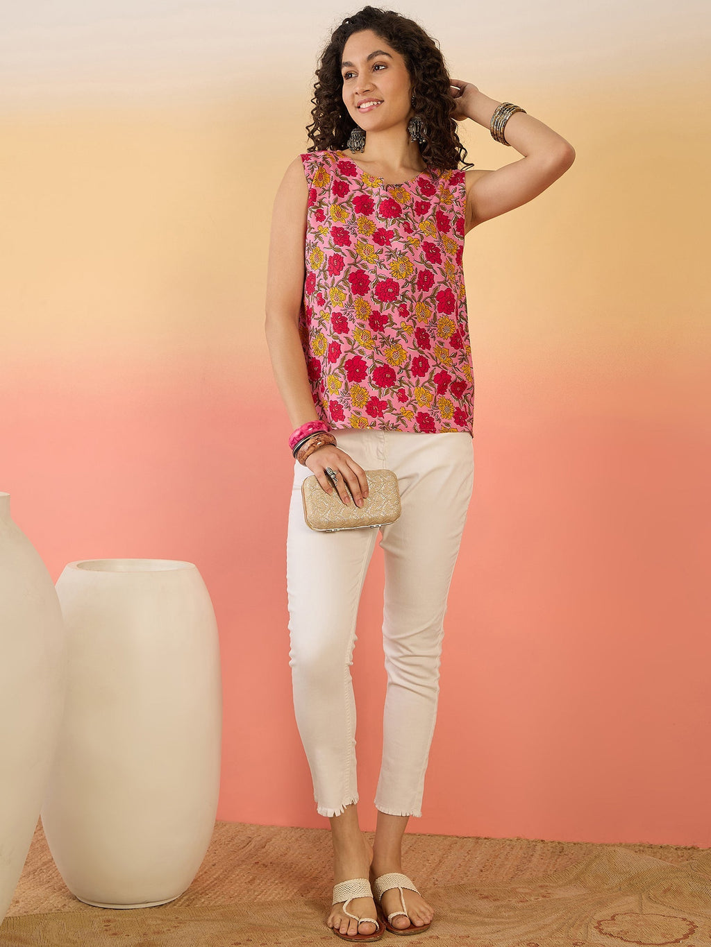 InWeave Pink Red Rose Jaal W/S Top | Grocsy