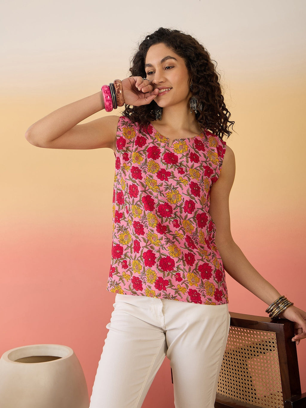 InWeave Pink Red Rose Jaal W/S Top | Grocsy