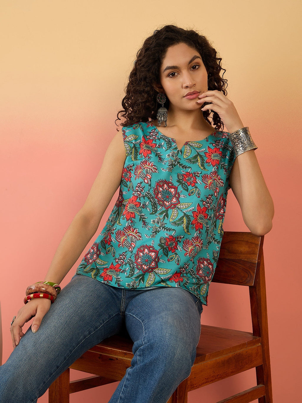 InWeave Teal Floral Print W/S Top | Grocsy