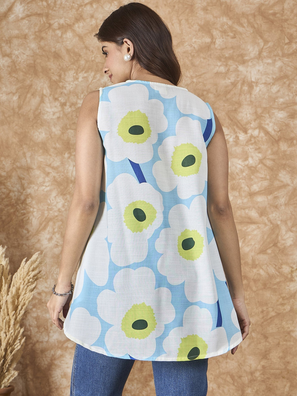 InWeave Skyblue Big Print V Neck Top | Grocsy