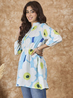 InWeave Sky Blue Big Print Mandarin Top | Grocsy