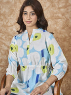 InWeave Sky Blue Big Print Mandarin Top | Grocsy