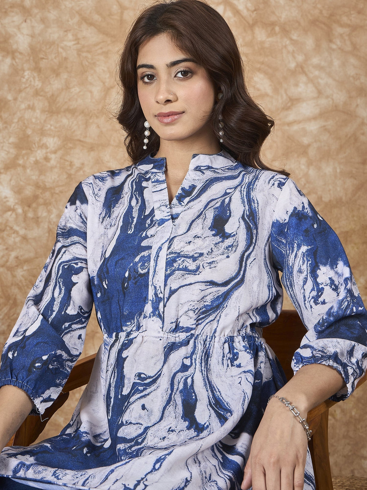 InWeave Navy White Tie Dye Mandarin Top | Grocsy