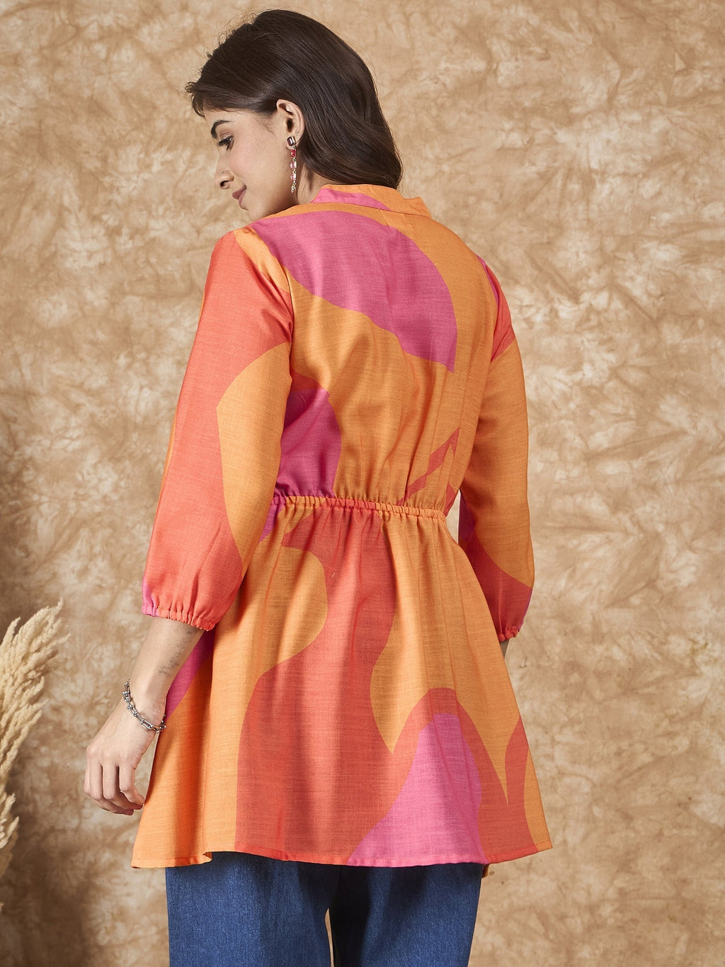 InWeave Peach Orange Print Mandarin Top | Grocsy
