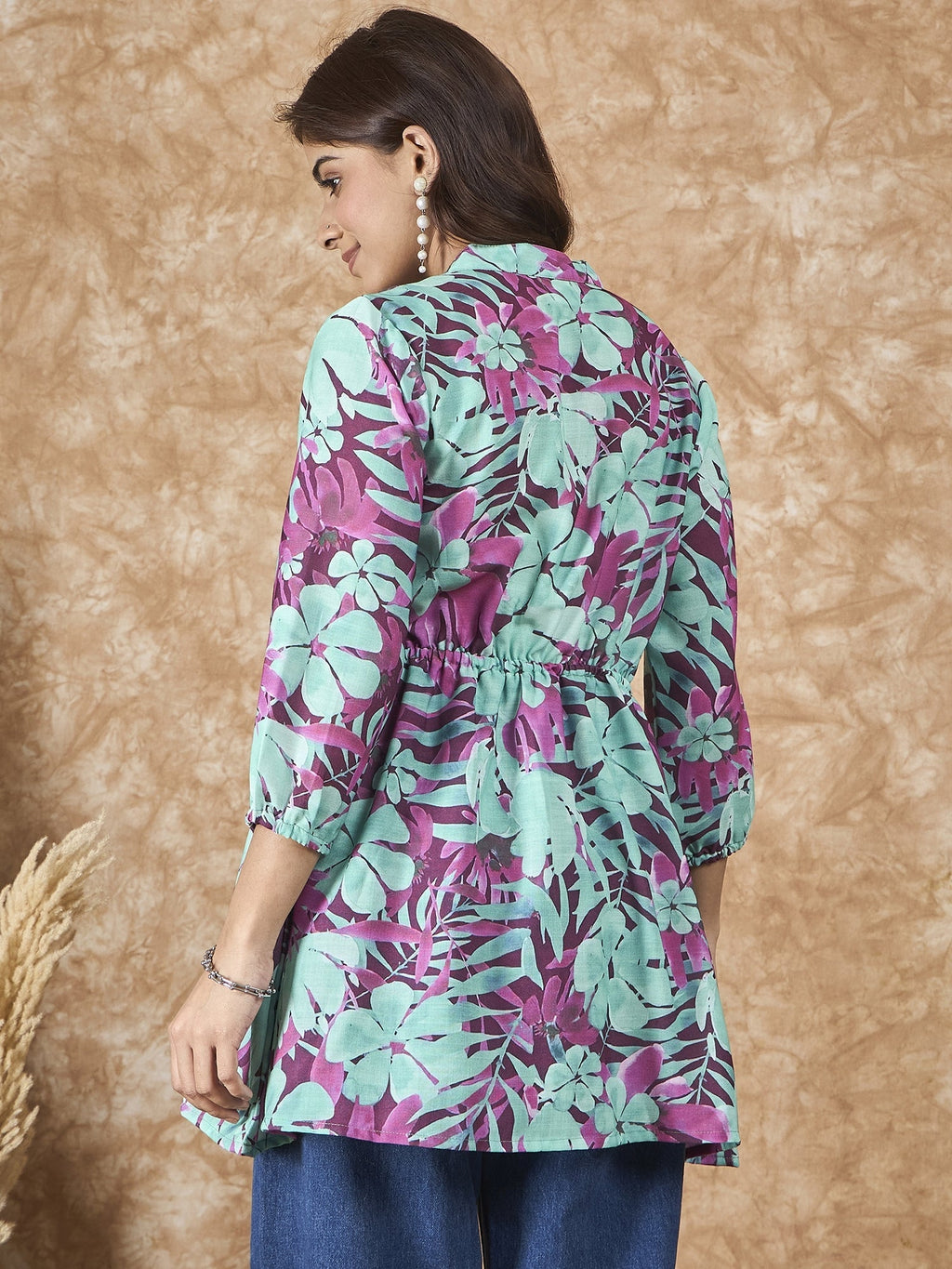 InWeave Green Purple Print Mandarin Top | Grocsy