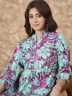 InWeave Green Purple Print Mandarin Top | Grocsy