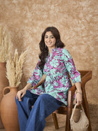 InWeave Green Purple Print Mandarin Top | Grocsy
