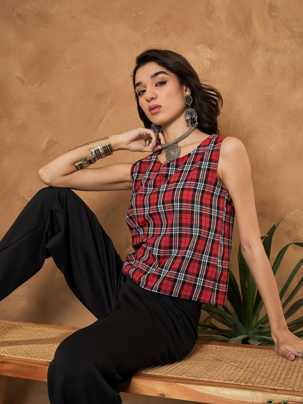 InWeave Red Black Check Sleeveless Top | Grocsy
