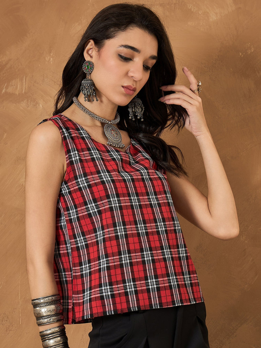 InWeave Red Black Check Sleeveless Top | Grocsy